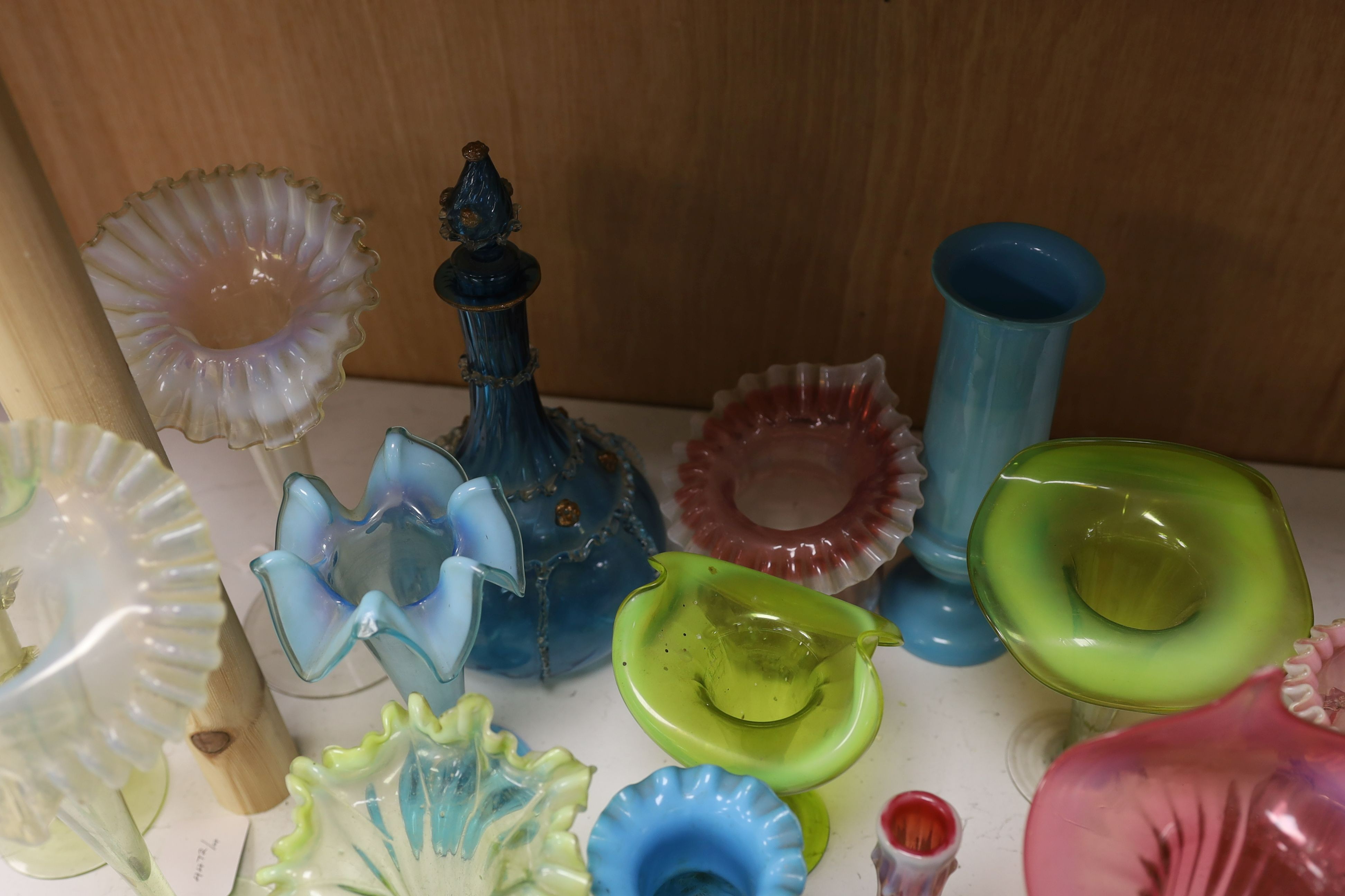 A selection of various art glass including a pair of cranberry pulpit vases, late 19th/early 20th century